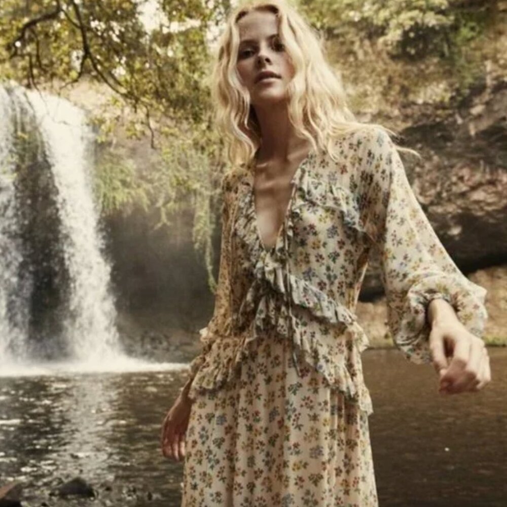 Doen Silk Saffron Dress in Bouquet Floral